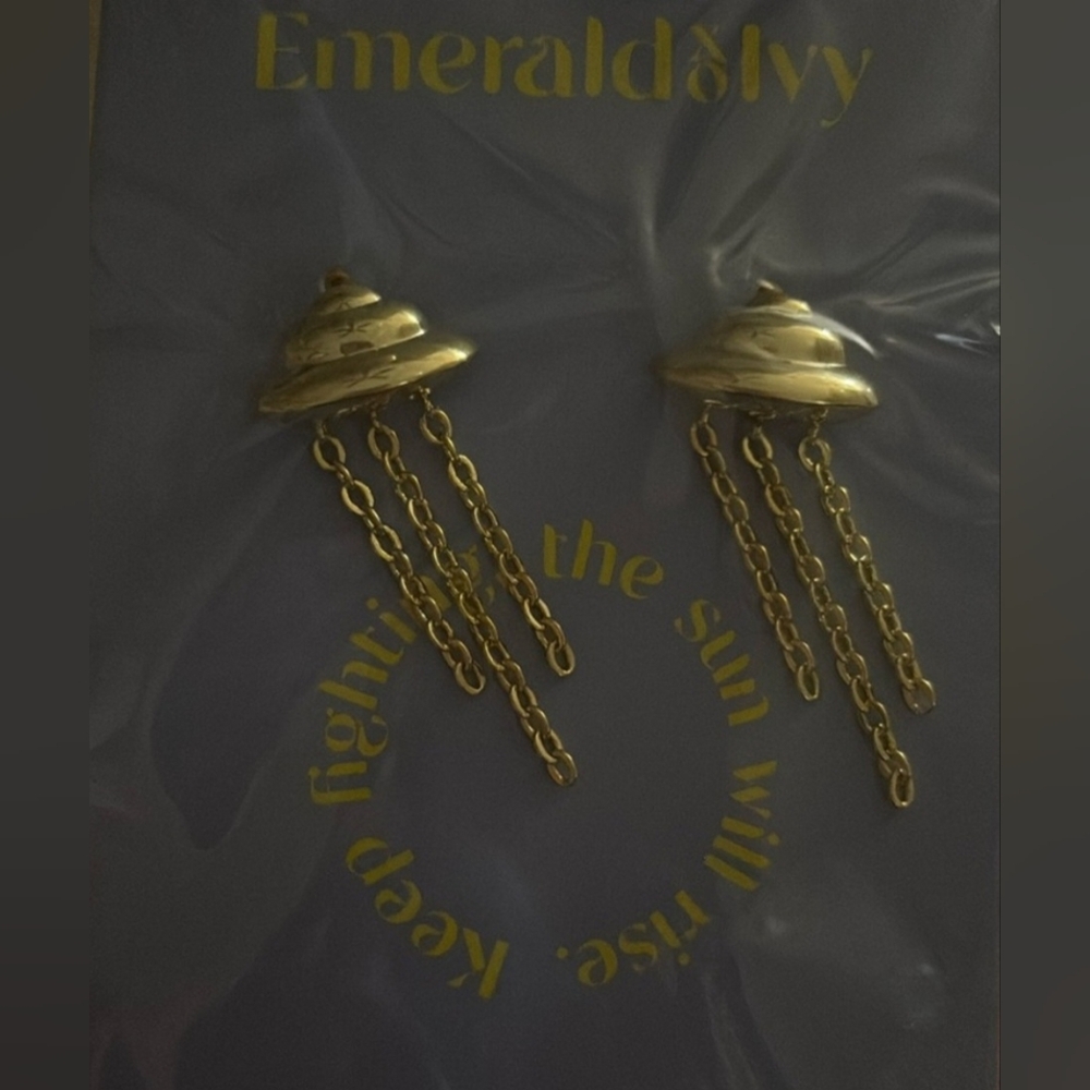 NIP Emerald xo Ivy Boutique Brand UFO Goldtone Pierced Earrings 1.75" Long